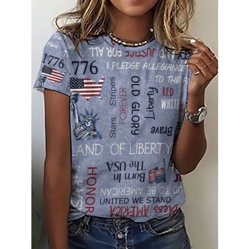 Women’s Patriotic Words Print Casual Flag T-Shirt