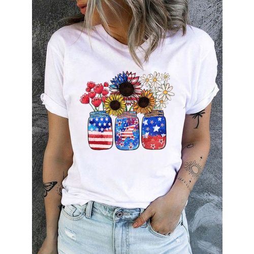 Women's Cotton Sunflower 4th july Patriotic Crew NeckCasual T-Shirt