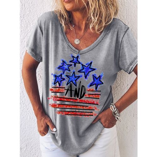 Women's Funny The American Flag Has Blue Stars And Red Stripes Graphic Printing 4th Of July Casual V Neck Independence Day T-Shirt