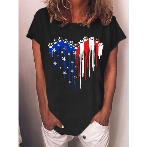 Women's Independence Day Love Dog Paws Blue White Red Graphic Printing 4th Of July Cotton-Blend Casual Loose T-Shirt