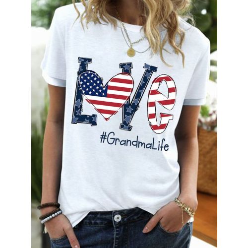 Women's Funny Love Grandma Life America Flag Graphic Printing 4th Of July Regular Fit Cotton-Blend Casual Text Letters T-Shirt