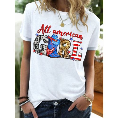 Women's Funny All American Gril Graphic Printing 4th Of July Crew Neck Independence Day Casual Cotton-Blend T-Shirt