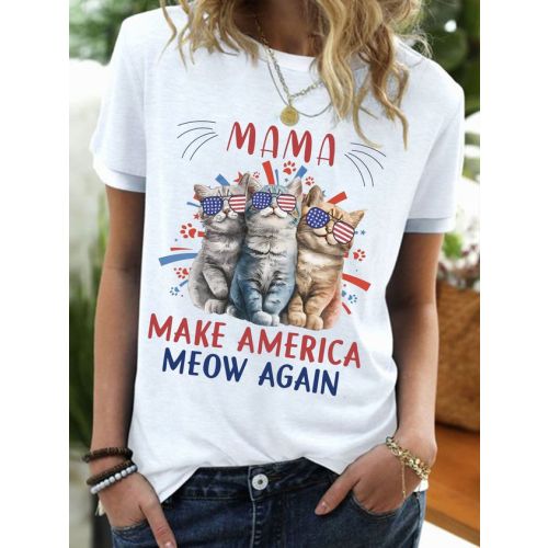 Men's Funny Cat Mama Make America Meow Again Graphic Printing Regular Fit Cat Casual Cotton-Blend T-Shirt