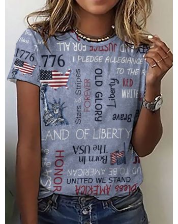 Women’s Patriotic Words Print Casual Flag T-Shirt