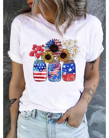 Women's Cotton Sunflower 4th july Patriotic Crew NeckCasual T-Shirt