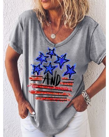 Women's Funny The American Flag Has Blue Stars And Red Stripes Graphic Printing 4th Of July Casual V Neck Independence Day T-Shirt