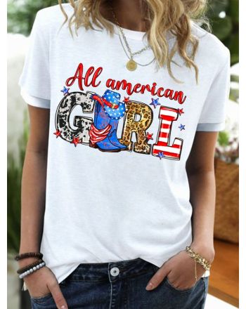 Women's Funny All American Gril Graphic Printing 4th Of July Crew Neck Independence Day Casual Cotton-Blend T-Shirt